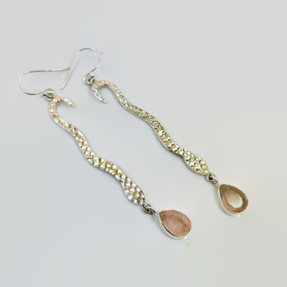 Snake Earrings, Sterling Silver, Rose Quartz, Faceted Stone, 3" Long, Statement - Picture 2 of 6